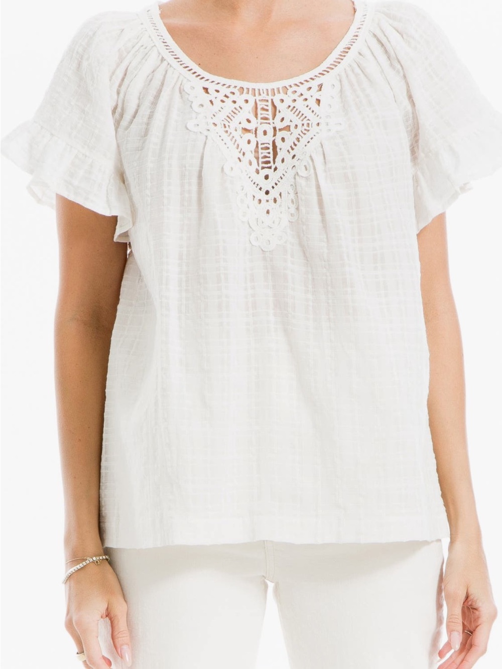 Max Studio White Crochet Yoke Gauze Blouse